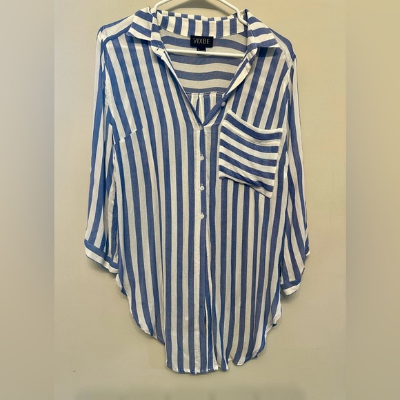 Women's Blue and White Striped Button-Down Shirt w/ Tie Front Medium - Picture 1 of 6